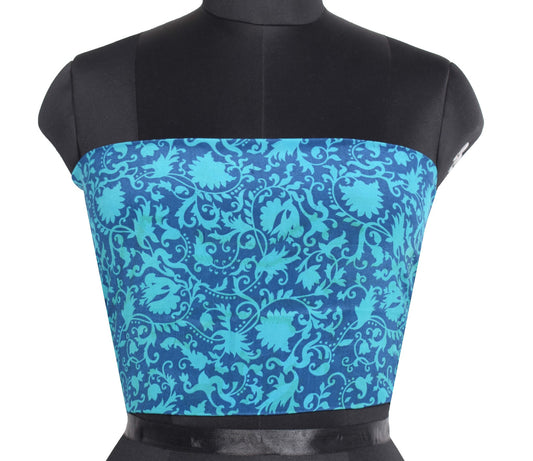 Sushila Vintage Pure Crepe Blouse Piece for Women Remnant Teal Blue Choli Fabric