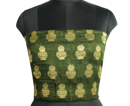 Sushila Vintage Green Blouse Piece Remnant Zari Woven Pure Cotton Silk Fabric