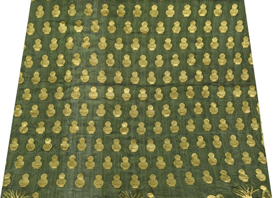 Sushila Vintage Green Blouse Piece Remnant Zari Woven Pure Cotton Silk Fabric