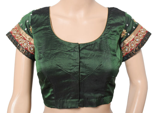 Sushila Vintage Dark Green Stitch Sari Blouse Pure Silk Bridal Handwork Choli36"