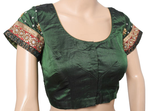 Sushila Vintage Dark Green Stitch Sari Blouse Pure Silk Bridal Handwork Choli36"