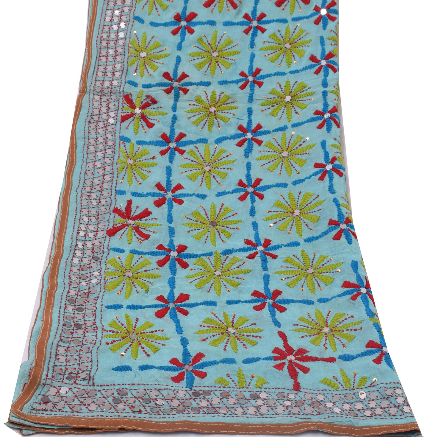 Sushila Vintage Blue Dupatta Pure Georgette Silk Phulkari Embroidered Long Stole