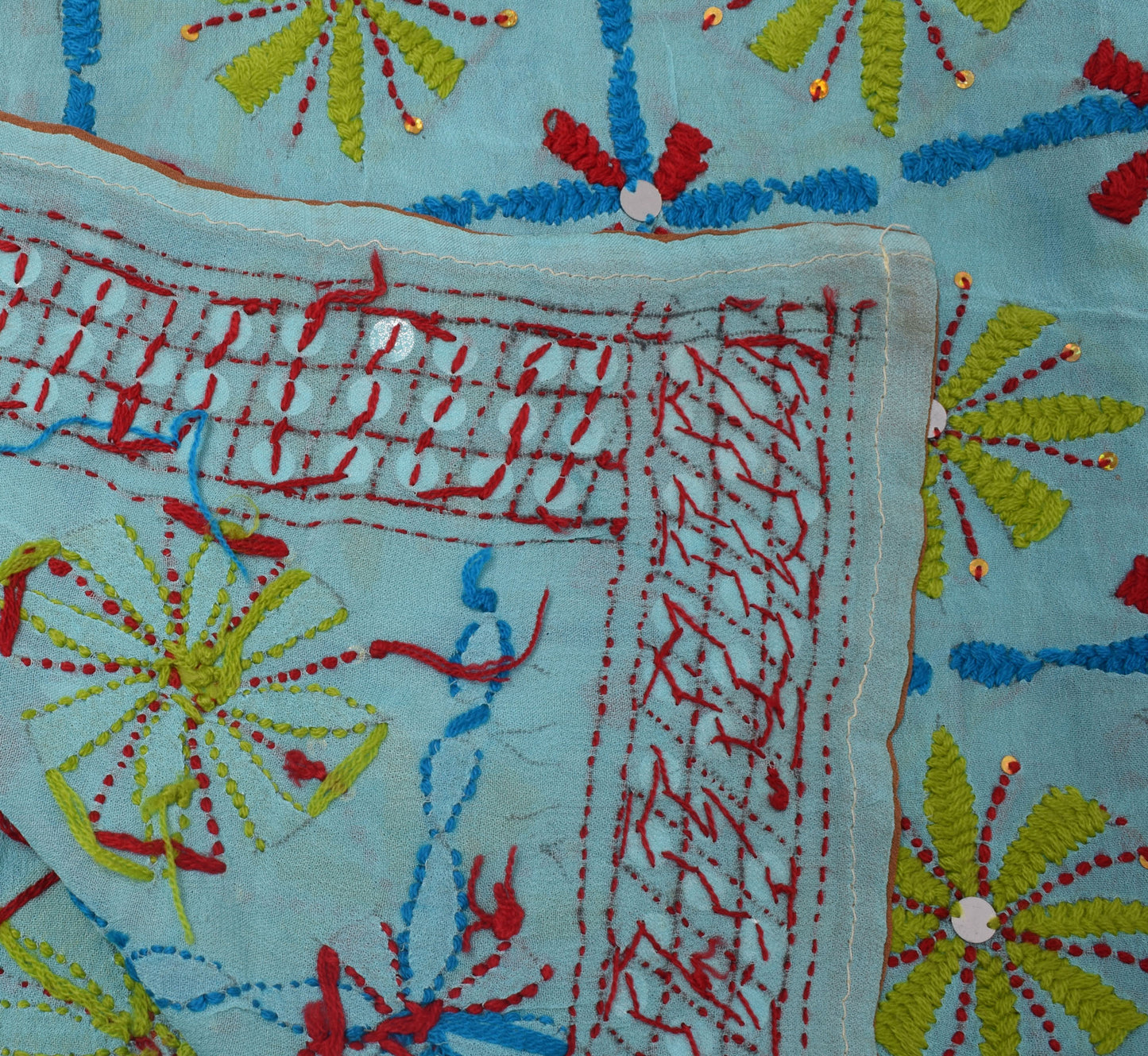 Sushila Vintage Blue Dupatta Pure Georgette Silk Phulkari Embroidered Long Stole