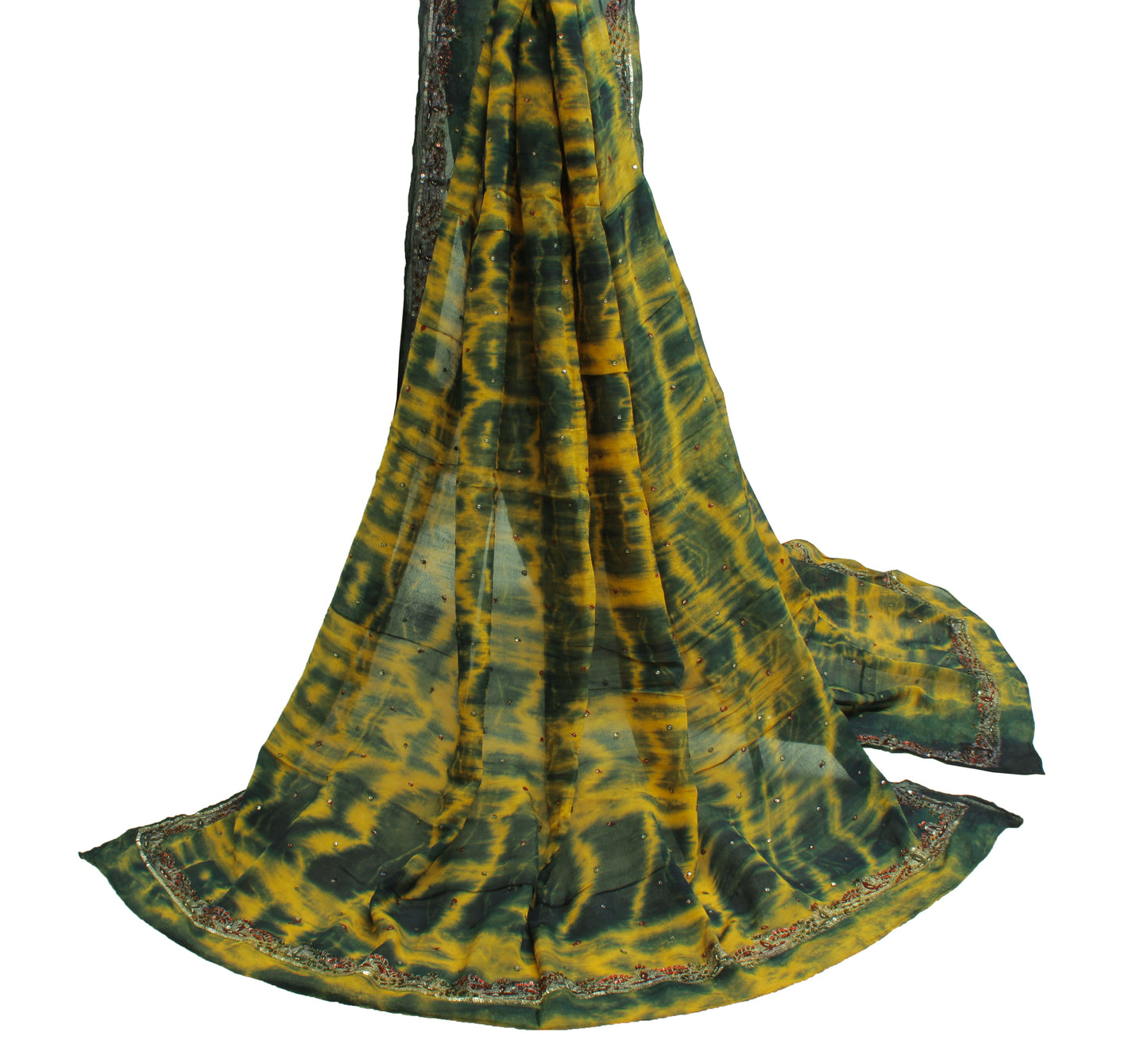 Sushila Vintage Yellow Dupatta Pure Chiffon Silk Hand Beaded Long Stole Scarves