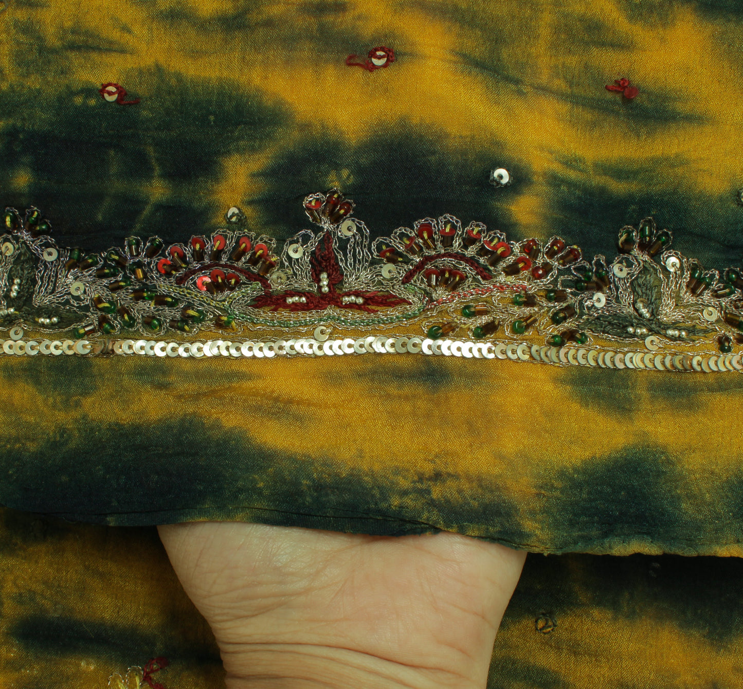 Sushila Vintage Yellow Dupatta Pure Chiffon Silk Hand Beaded Long Stole Scarves