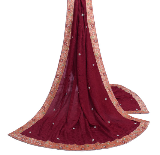Sushila Vintage Maroon Dupatta 100% Pure Chiffon Silk Woven Floral Long Stole