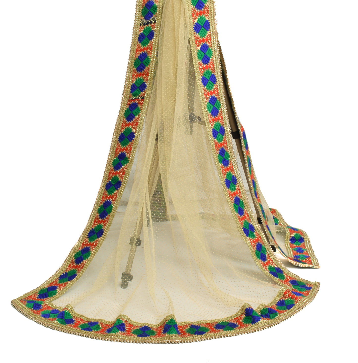 Sushila Vintage Cream Dupatta Net Mesh With Floral Border Long Stole Scarves