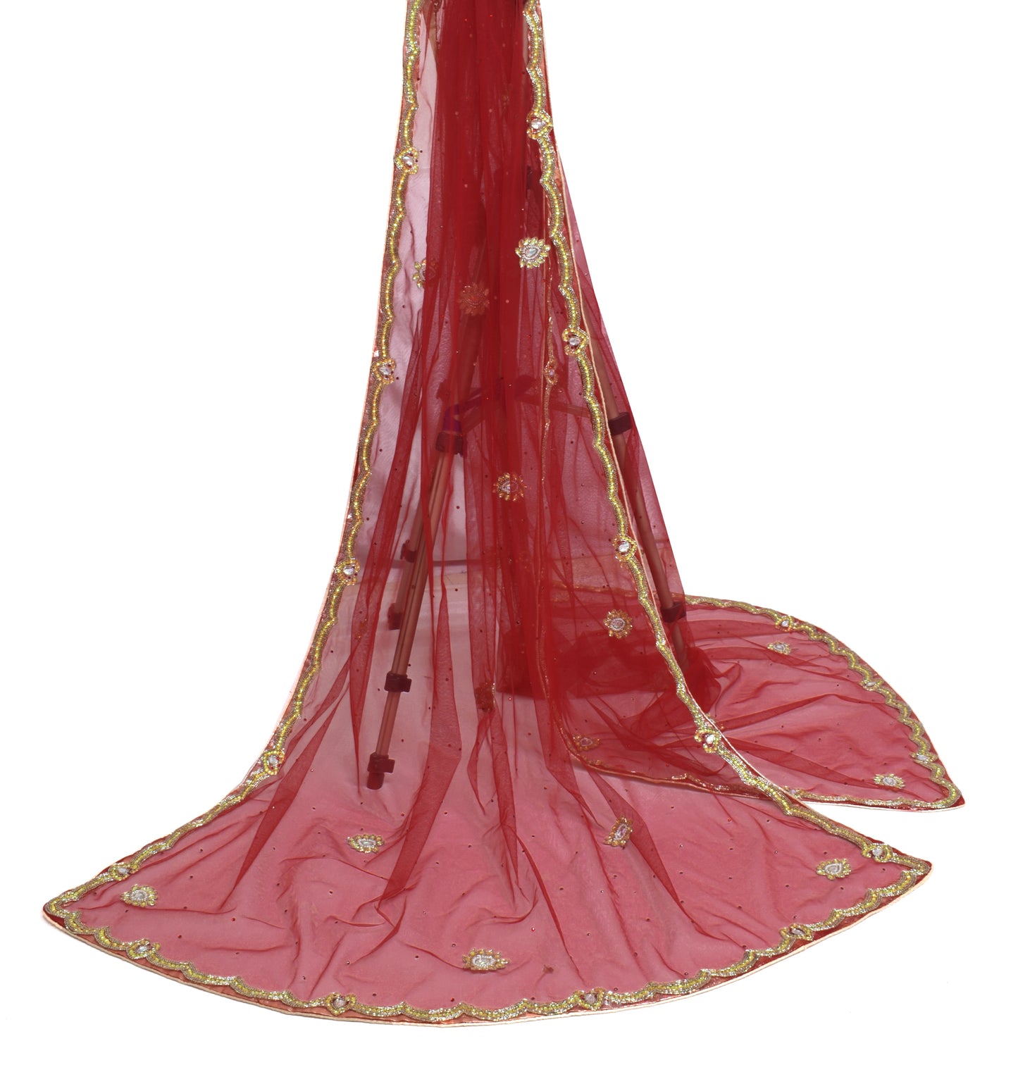 Sushila Vintage Maroon Dupatta Net Mesh Hand Beaded Floral Long Stole Wrap Veil