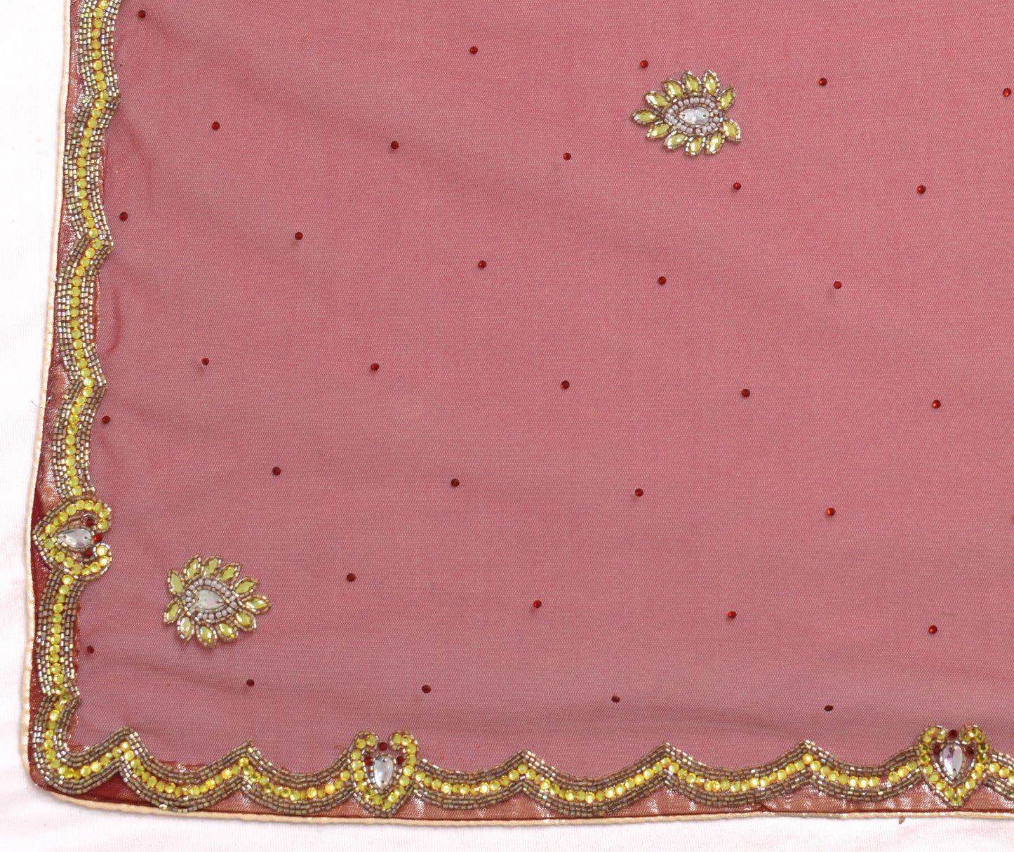 Sushila Vintage Maroon Dupatta Net Mesh Hand Beaded Floral Long Stole Wrap Veil