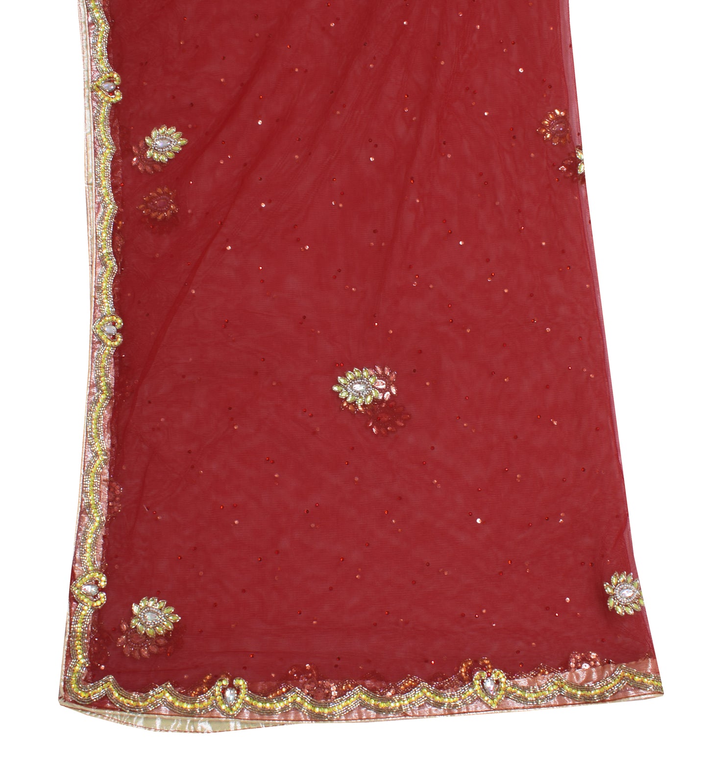 Sushila Vintage Maroon Dupatta Net Mesh Hand Beaded Floral Long Stole Wrap Veil