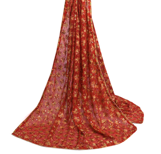 Sushila Vintage Red Dupatta Blend Chiffon Silk Phulkari Embroidered Long Stole