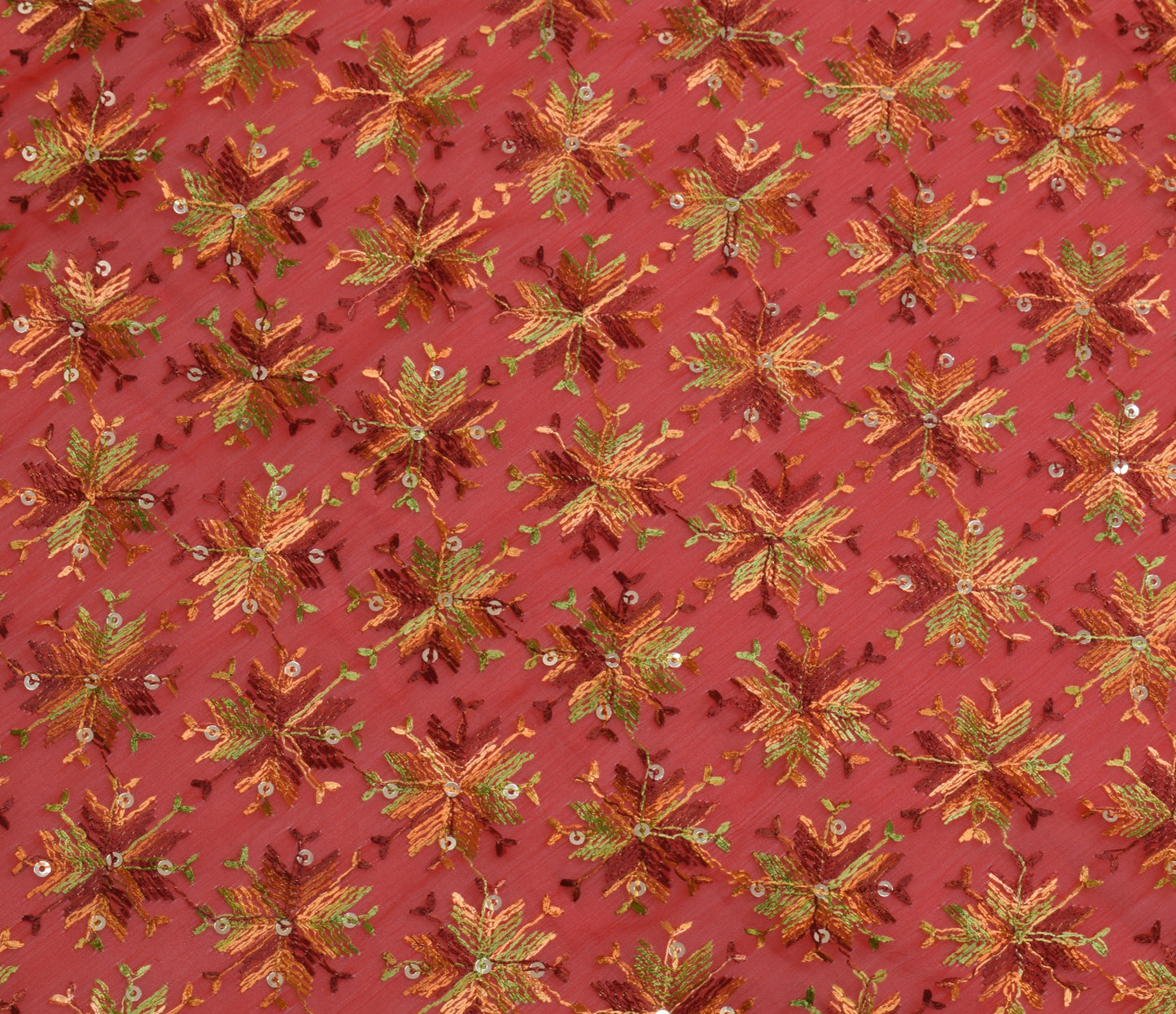 Sushila Vintage Red Dupatta Blend Chiffon Silk Phulkari Embroidered Long Stole