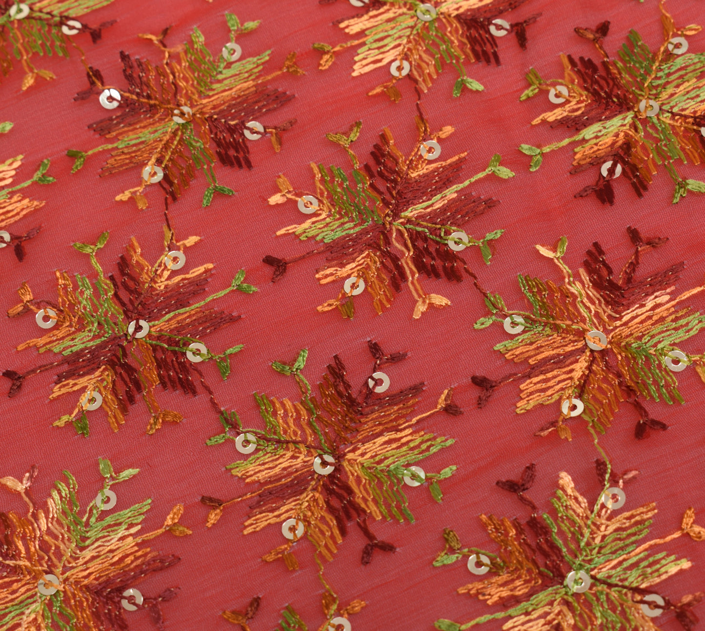 Sushila Vintage Red Dupatta Blend Chiffon Silk Phulkari Embroidered Long Stole