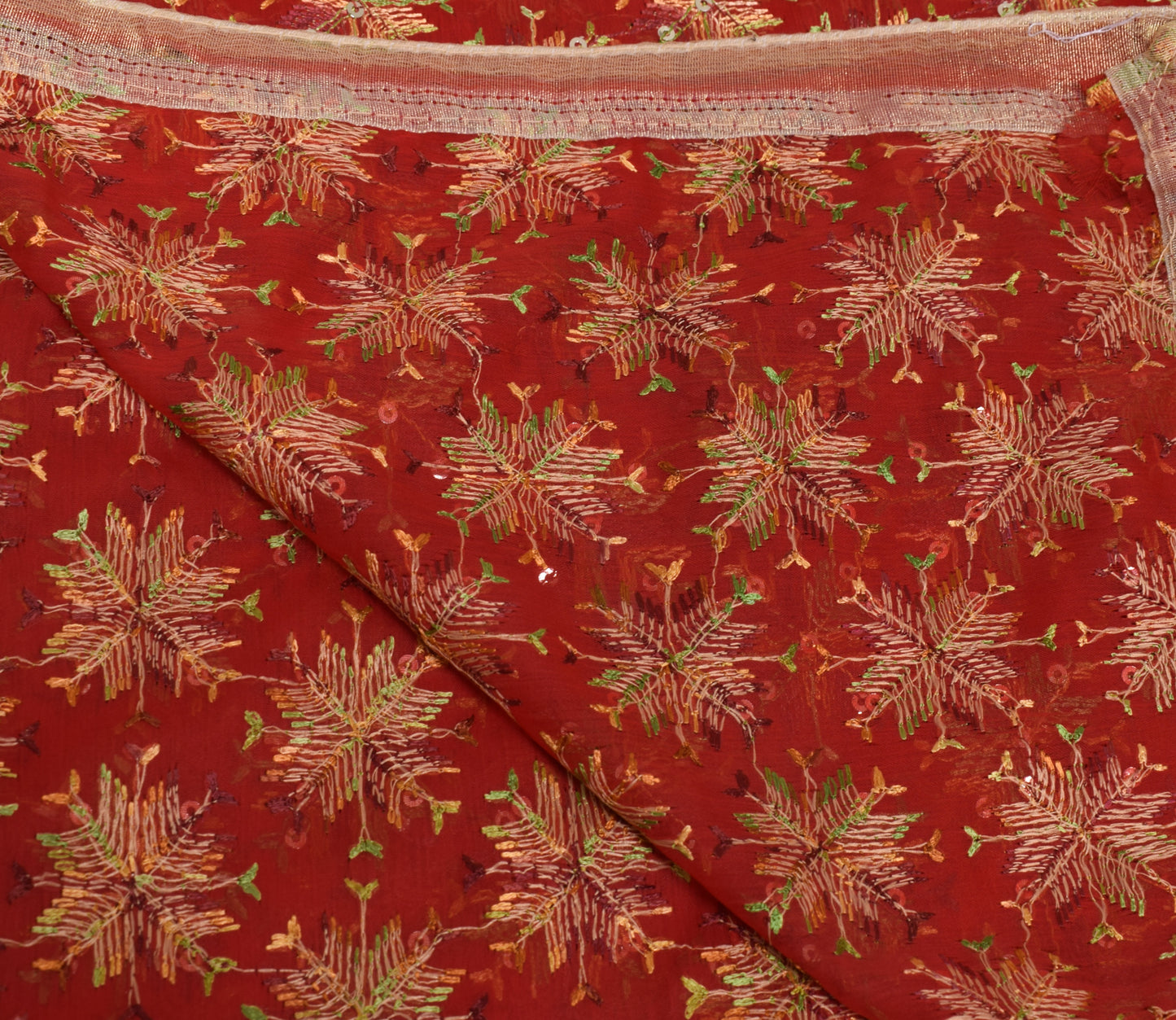 Sushila Vintage Red Dupatta Blend Chiffon Silk Phulkari Embroidered Long Stole