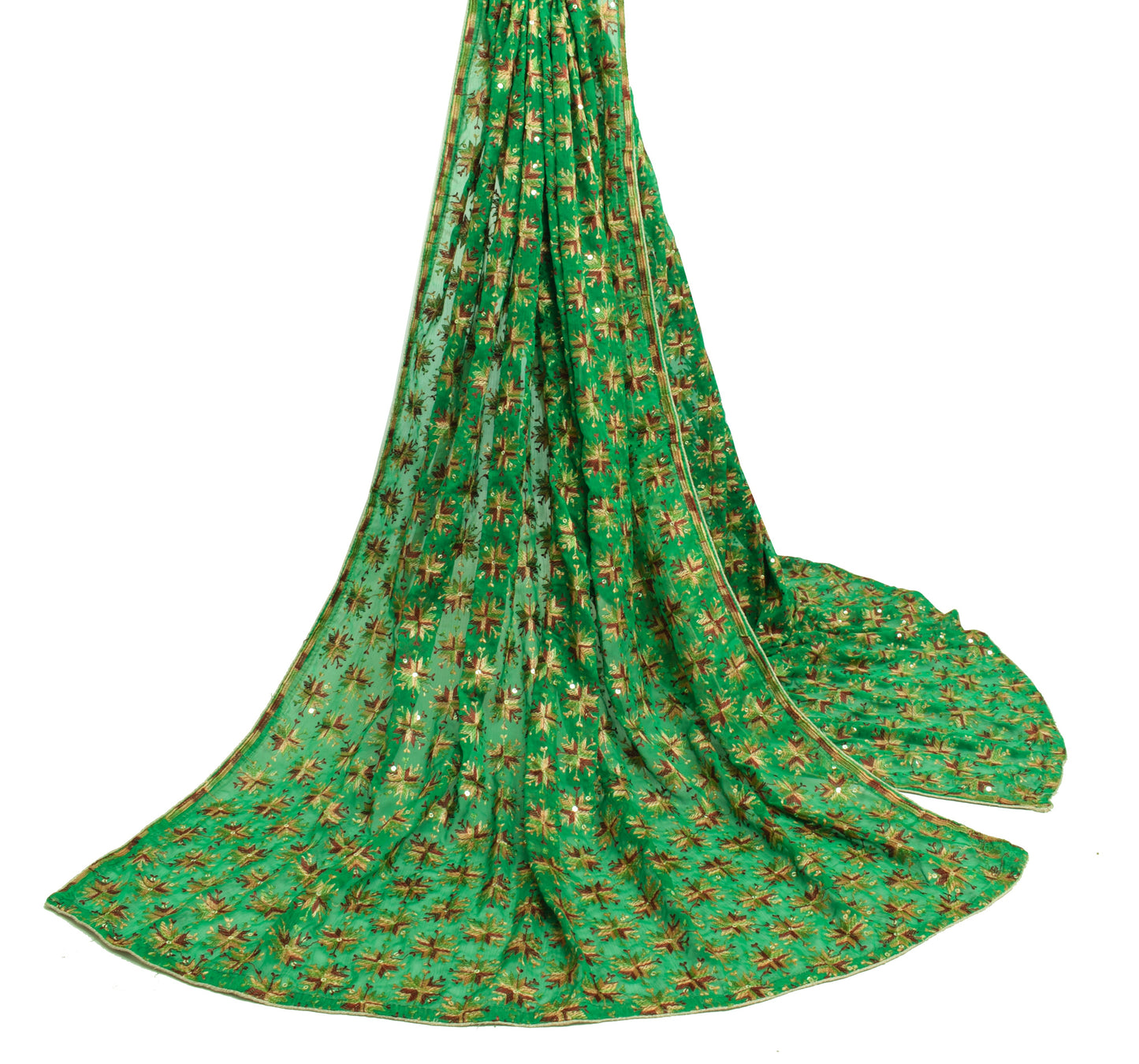 Sushila Vintage Green Dupatta Blend Chiffon Silk Phulkari Embroidery Long Stole