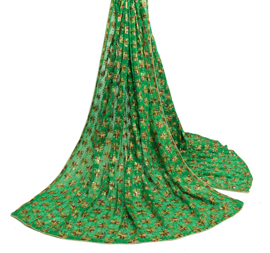Sushila Vintage Green Dupatta Blend Chiffon Silk Phulkari Embroidery Long Stole