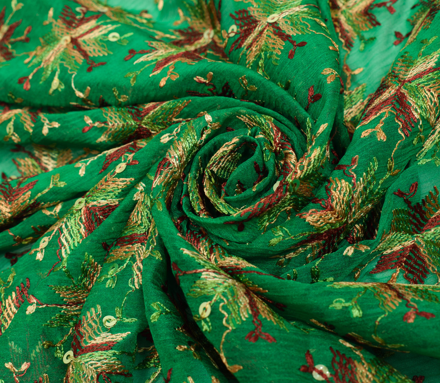 Sushila Vintage Green Dupatta Blend Chiffon Silk Phulkari Embroidery Long Stole