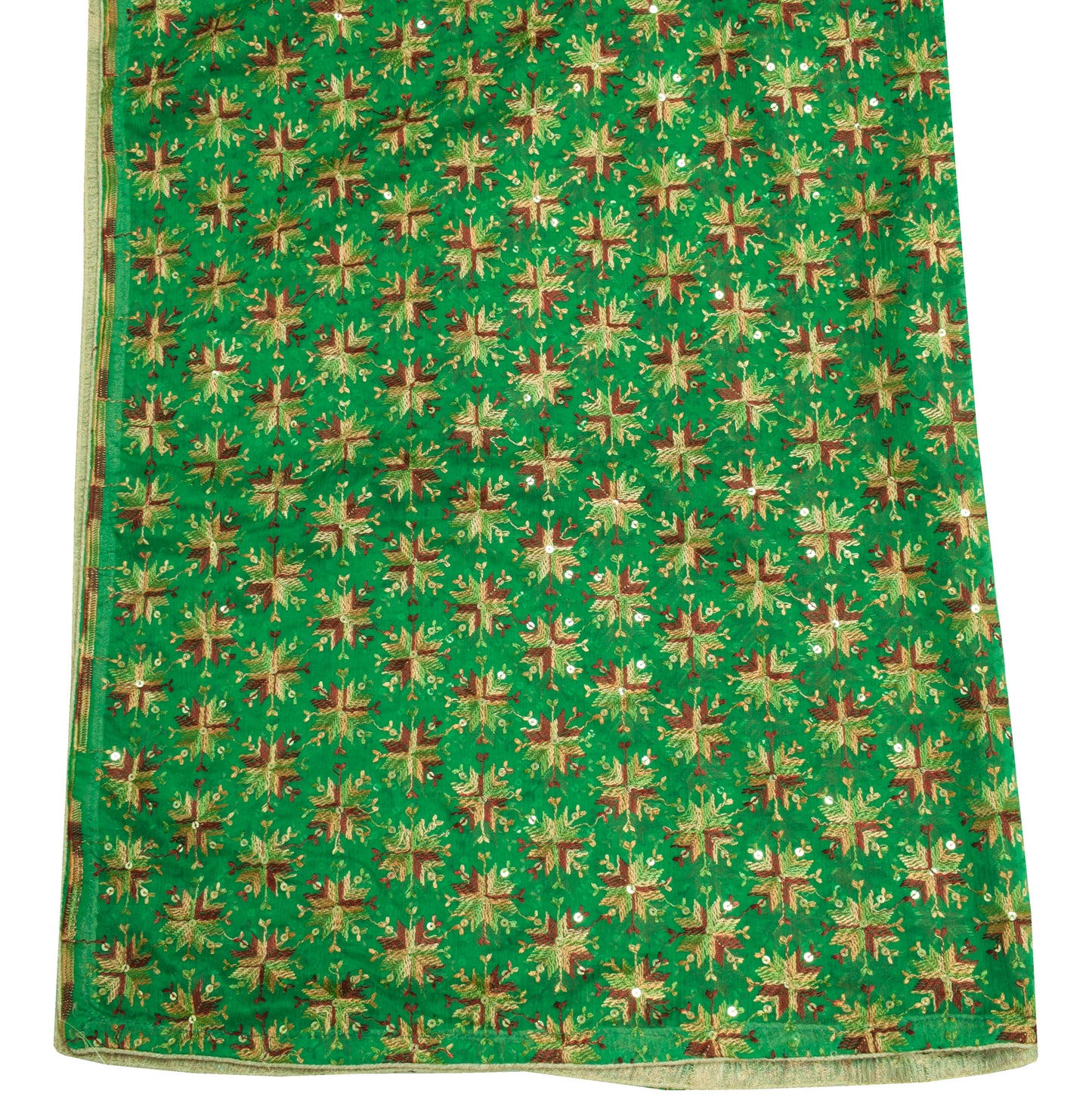 Sushila Vintage Green Dupatta Blend Chiffon Silk Phulkari Embroidery Long Stole