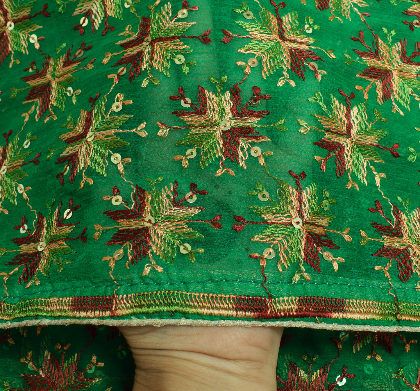 Sushila Vintage Green Dupatta Blend Chiffon Silk Phulkari Embroidery Long Stole