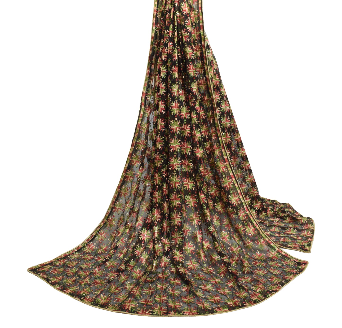 Sushila Vintage Dupatta Black Blend Chiffon Silk Phulkari Embroidered Long Stole