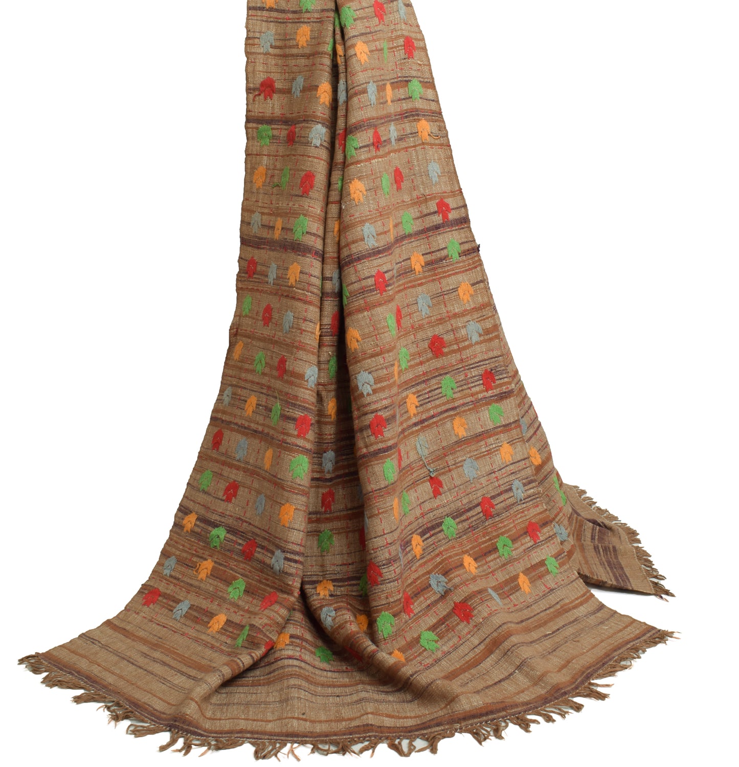 Sushila Vintage Brown Dupatta 100% Pure Khadi Hand Embroidererd Long Stole Wrap