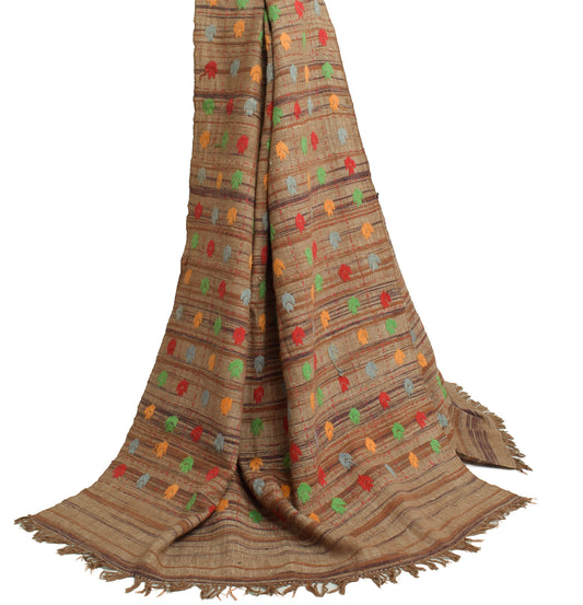 Sushila Vintage Brown Dupatta 100% Pure Khadi Hand Embroidererd Long Stole Wrap