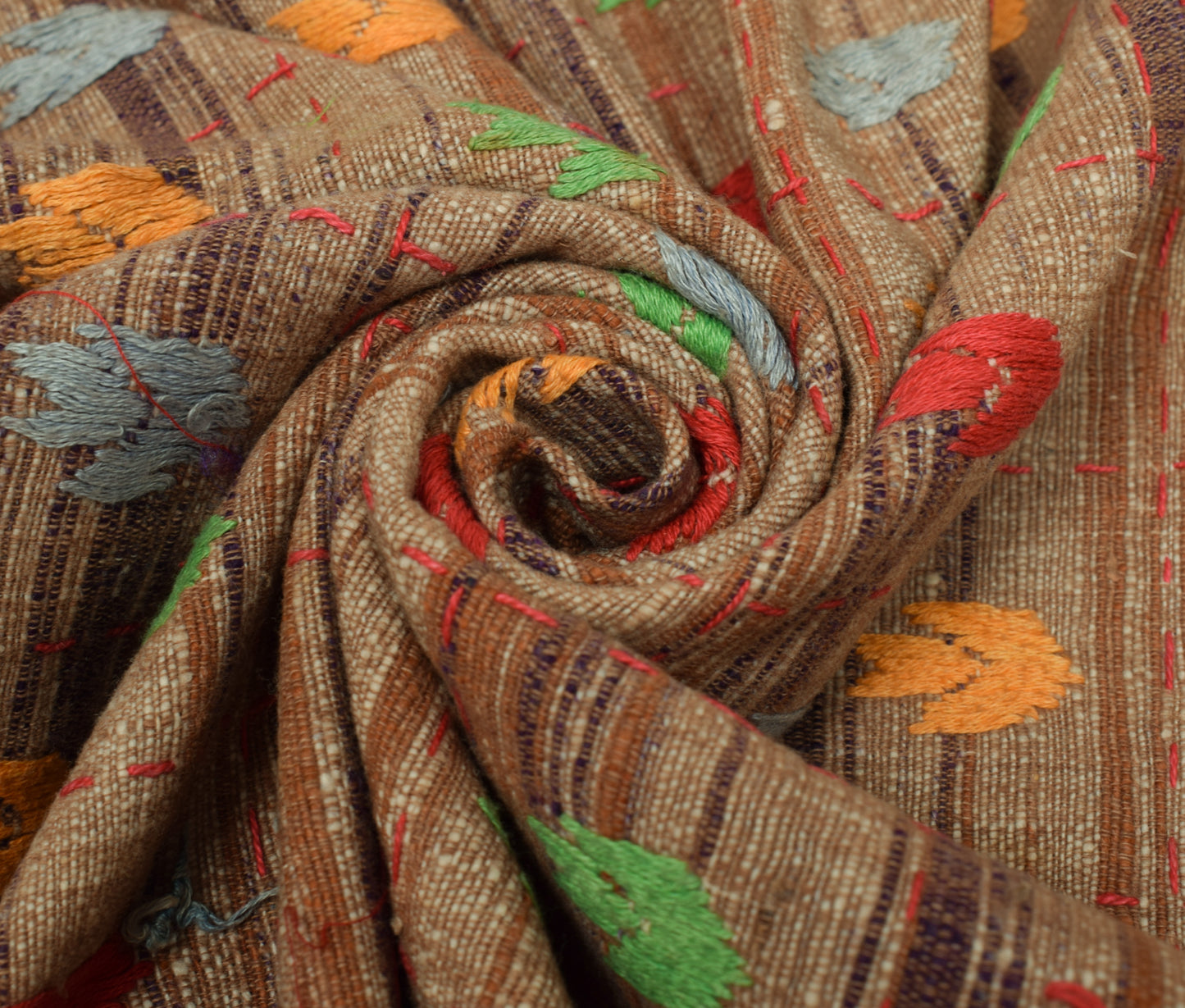 Sushila Vintage Brown Dupatta 100% Pure Khadi Hand Embroidererd Long Stole Wrap