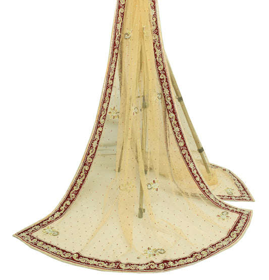 Sushila Vintage Beige Bridal Dupatta Net Mesh Hand Beaded Floral Long Stole Wrap