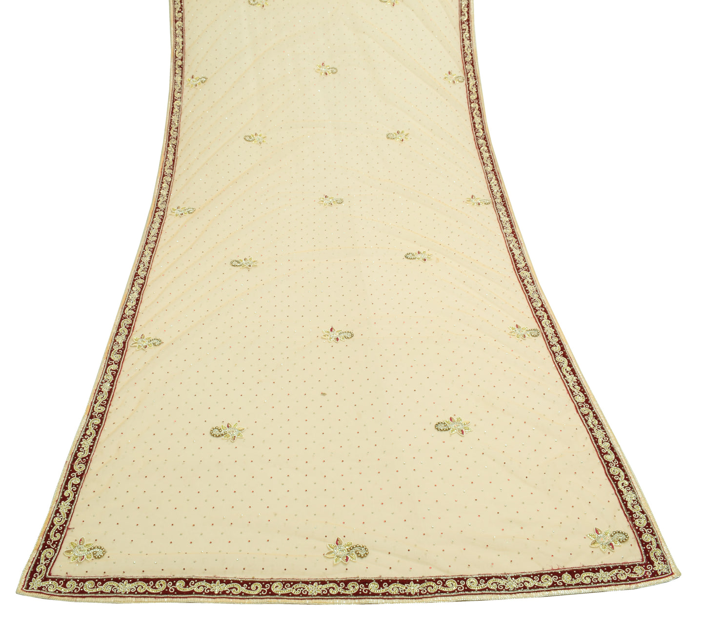 Sushila Vintage Beige Bridal Dupatta Net Mesh Hand Beaded Floral Long Stole Wrap