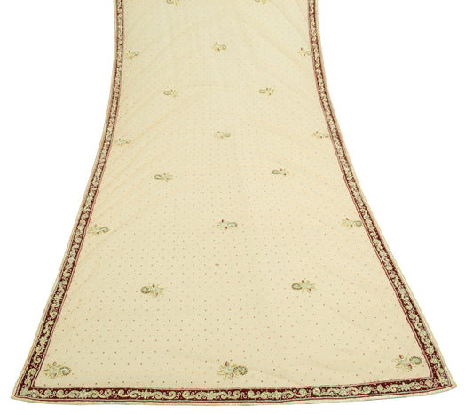 Sushila Vintage Beige Bridal Dupatta Net Mesh Hand Beaded Floral Long Stole Wrap