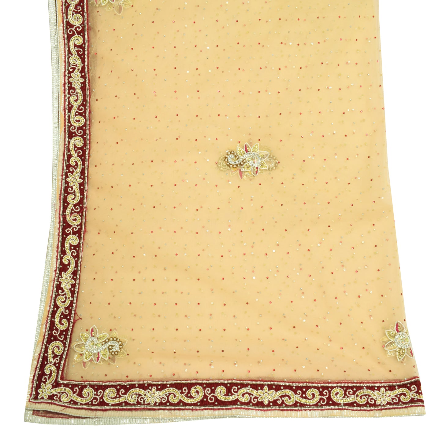 Sushila Vintage Beige Bridal Dupatta Net Mesh Hand Beaded Floral Long Stole Wrap