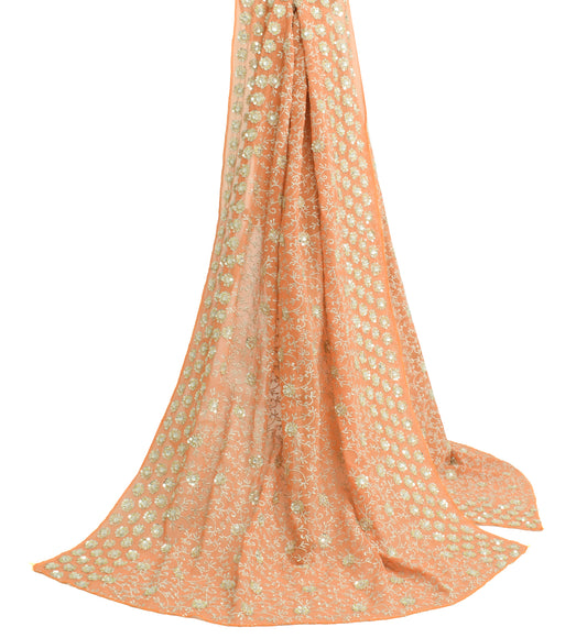 Sushila Vintage Orange Dupatta Art Georgette Silk Hand Beaded Floral Long Stole