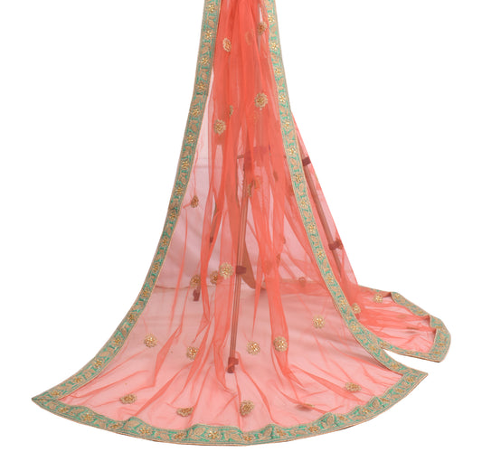 Sushila Vintage Dark Peach Dupatta Net Mesh Zari Embroidered Floral Long Stole