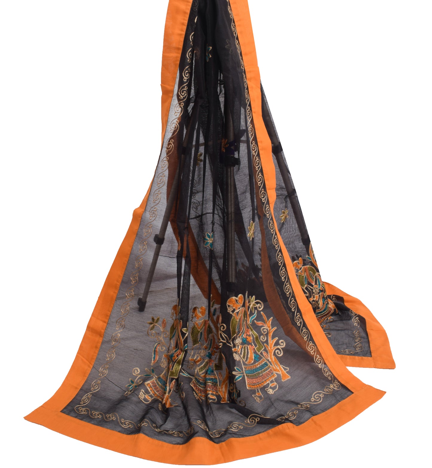 Sushila Vintage Black Indian Supernet Dupatta Humans Embroidered Long Stole Veil