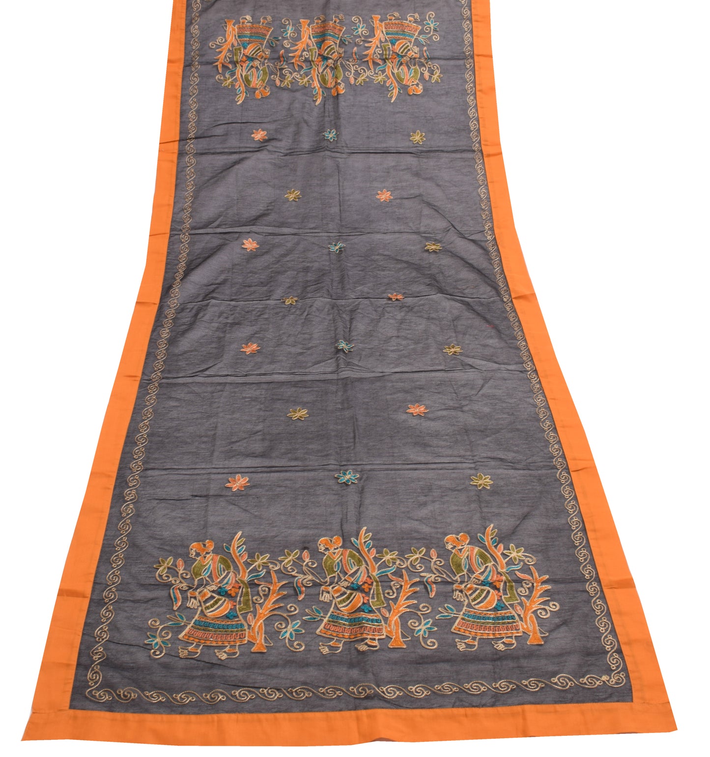 Sushila Vintage Black Indian Supernet Dupatta Humans Embroidered Long Stole Veil