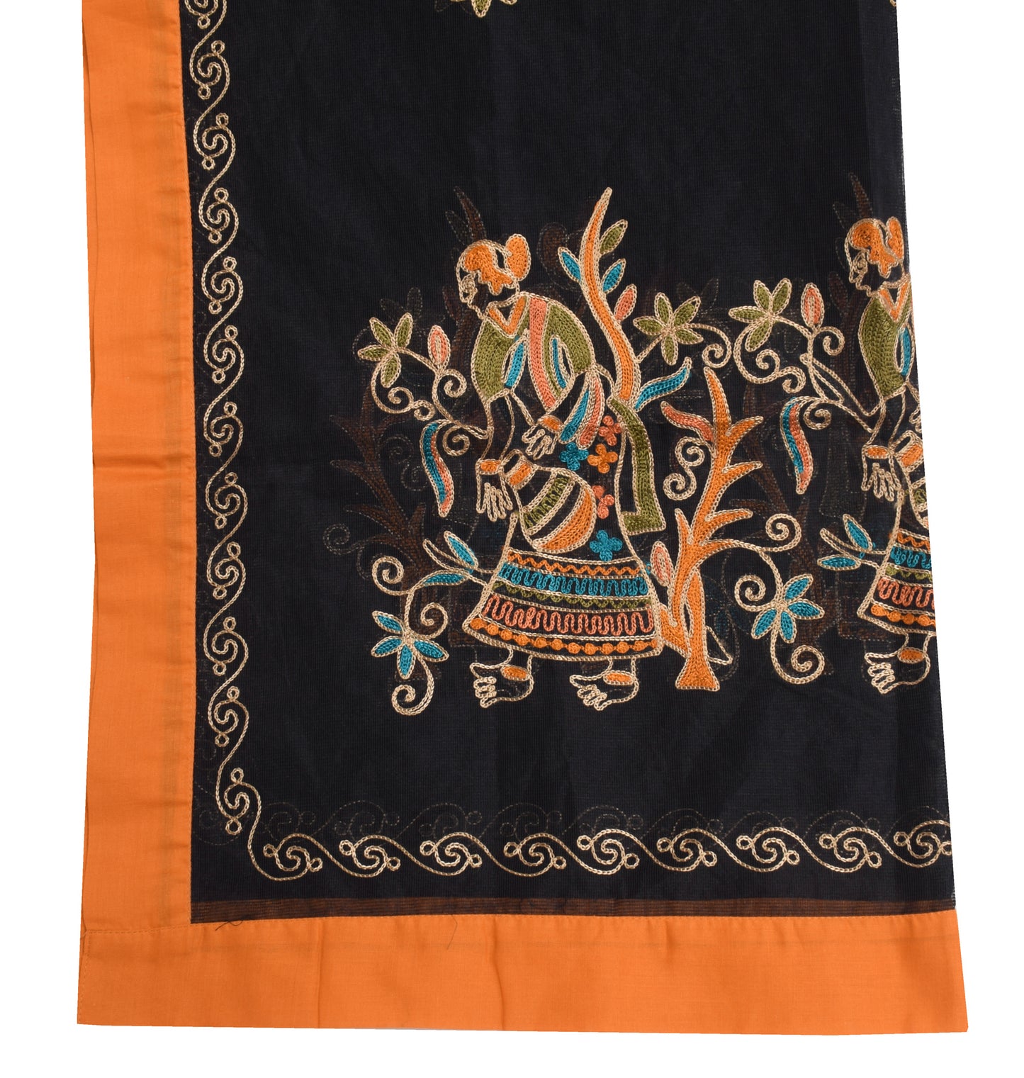 Sushila Vintage Black Indian Supernet Dupatta Humans Embroidered Long Stole Veil