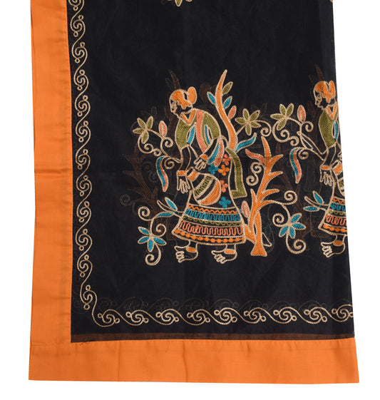 Sushila Vintage Black Indian Supernet Dupatta Humans Embroidered Long Stole Veil