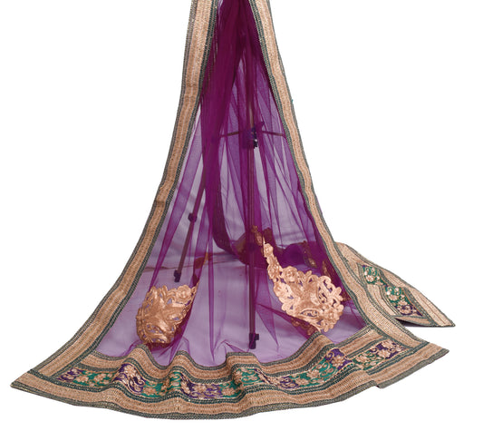 Sushila Vintage Purple Dupatta Net Mesh Applique Work Floral Long Stole Scarves
