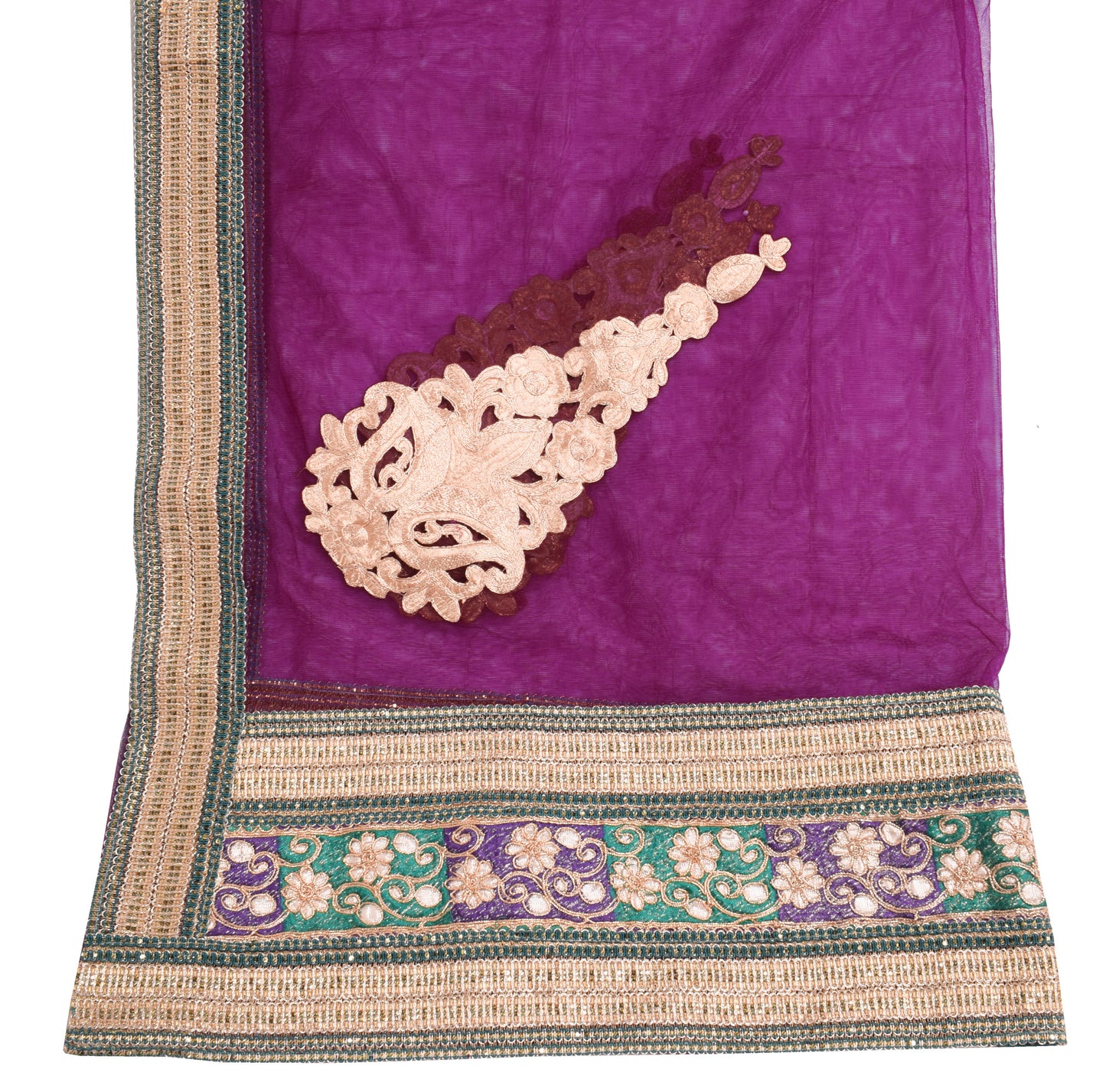 Sushila Vintage Purple Dupatta Net Mesh Applique Work Floral Long Stole Scarves