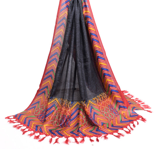 Sushila Vintage Dark Gray Indian Dupatta Blend Silk Woven Long Stole Veil Hijab