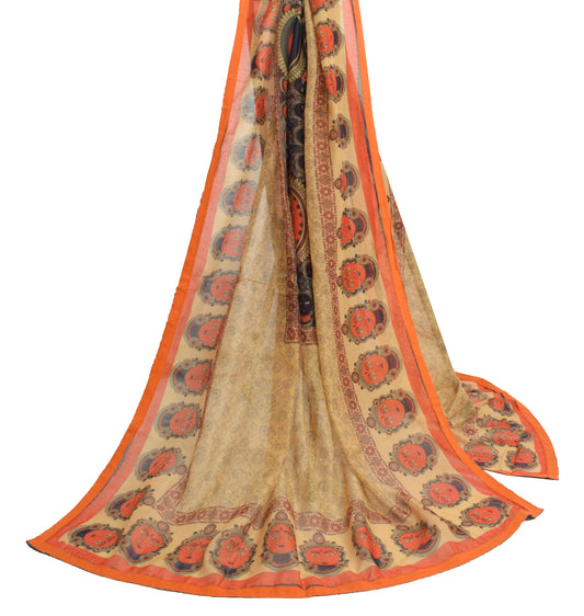 Sushila Vintage Light Brown Dupatta 100% Pure Silk Humans Printed Long Stole
