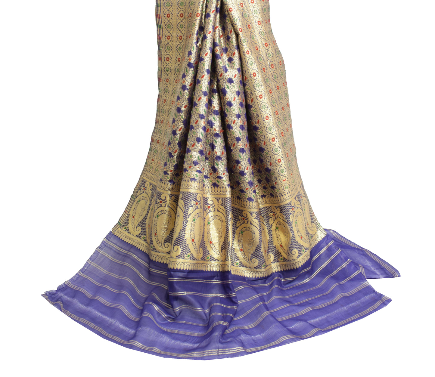 Sushila Vintage Blue Indian DupattaArt Silk Zari Brocade Floral Long Stole Wrap