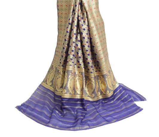 Sushila Vintage Blue Indian DupattaArt Silk Zari Brocade Floral Long Stole Wrap