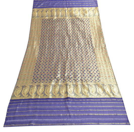 Sushila Vintage Blue Indian DupattaArt Silk Zari Brocade Floral Long Stole Wrap