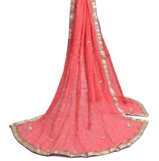 Sushila Vintage Dark Peach Dupatta Chiffon Silk Hand Beaded Floral Long Stole