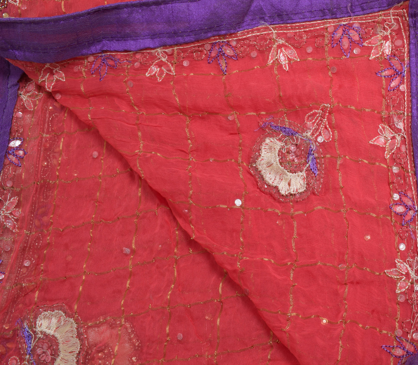 Sushila Vintage Dark Peach Dupatta Chiffon Silk Hand Beaded Floral Long Stole