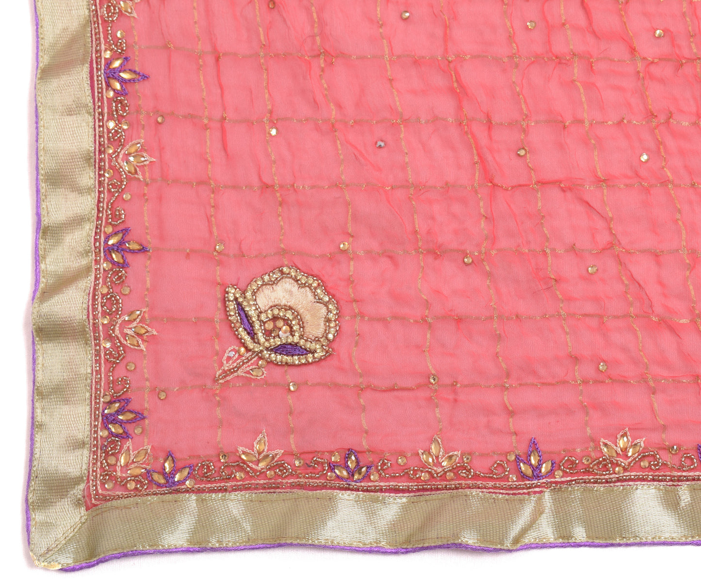 Sushila Vintage Dark Peach Dupatta Chiffon Silk Hand Beaded Floral Long Stole