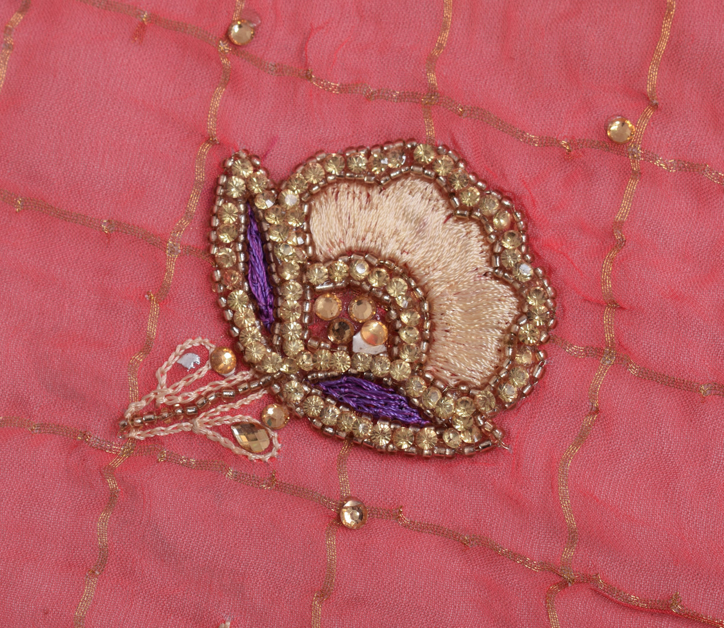 Sushila Vintage Dark Peach Dupatta Chiffon Silk Hand Beaded Floral Long Stole