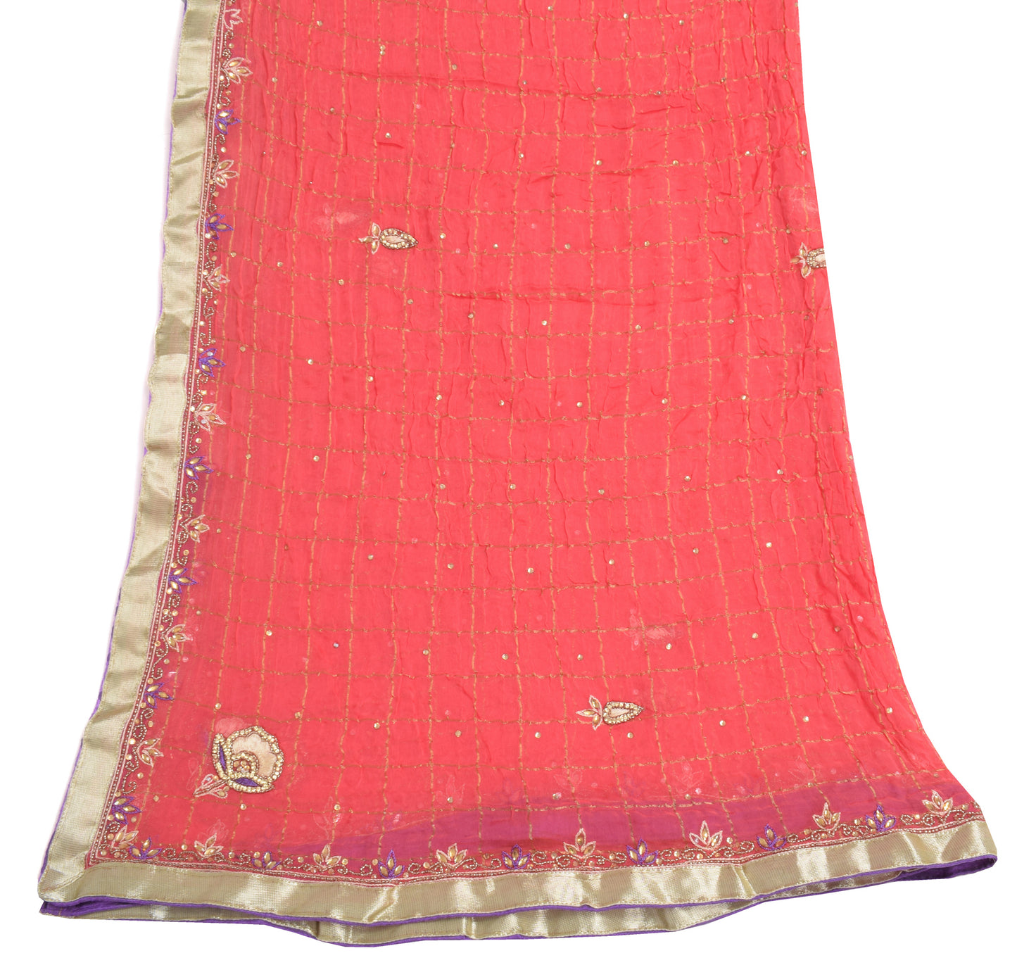 Sushila Vintage Dark Peach Dupatta Chiffon Silk Hand Beaded Floral Long Stole
