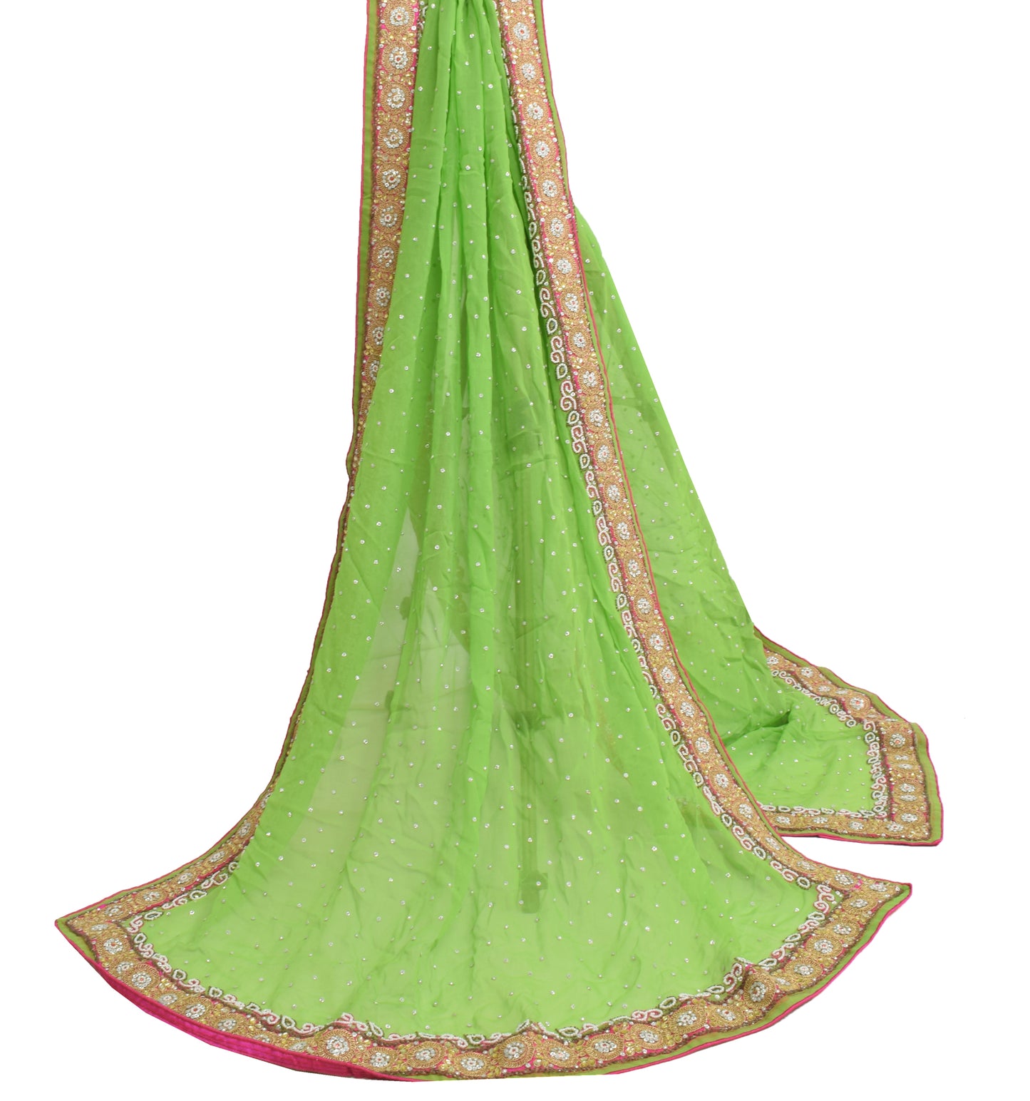 Sushila Vintage Parrot Green Dupatta 100% Pure Georgette Silk Floral Long Stole